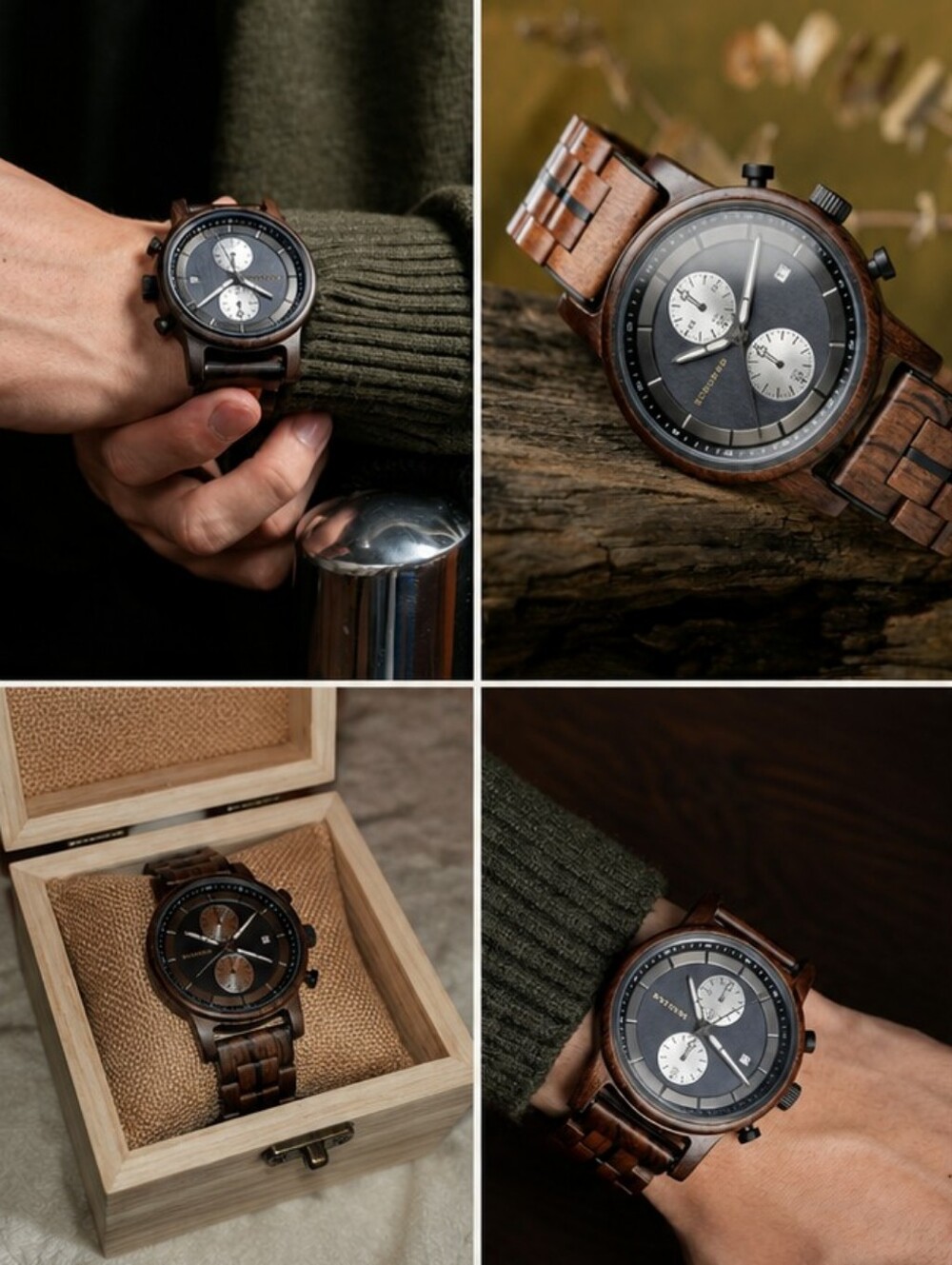 BOBO BIRD Wooden Chronograph Watch Men’s 44mm Natural Wood Quartz Watch Gift Box